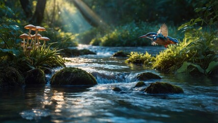 Fototapeta premium Kingfisher flying over a serene stream surrounded by lush greenery and mushrooms under soft sunlight