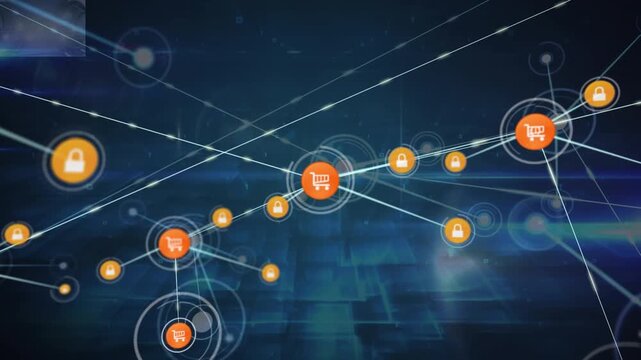 Animation of network of digital icons and data processing against sqaure shapes on blue background