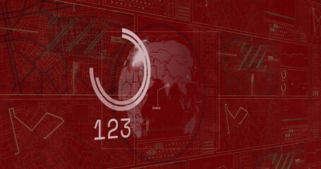 Animation of interface with spinning globe and data processing against red background - Powered by Adobe