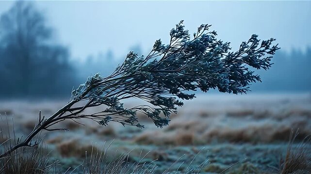 A transition from spring to winter concept. A frost-covered branch sways in the cold air, illustrating seasonal change.