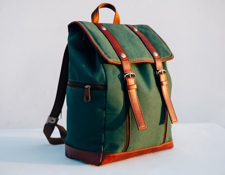 Green and brown canvas backpack with leather straps against a white backdrop