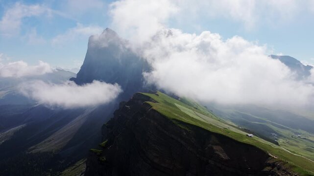 Cinematic Drone Flight Above Seceda Mountain Dolomites Italy Clouds and Light