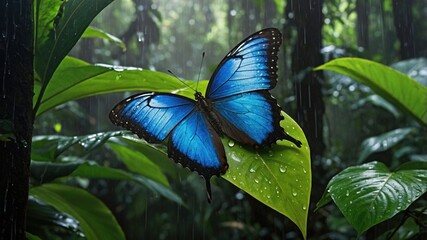 Vibrant blue butterfly perched on lush green leaves in a rain-soaked tropical jungle environment