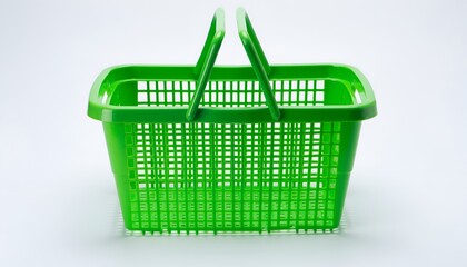 Fototapeta premium Green plastic shopping basket, rectangular shape, with handle raised, white background