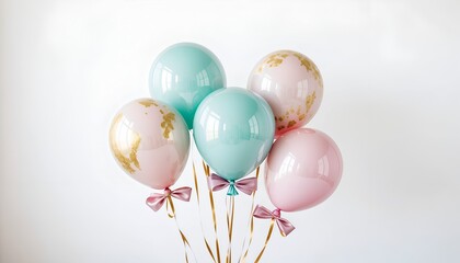 Pastel balloons with gold accents, bows, against white backdrop