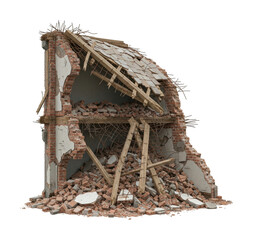 Destruction of building structure urban area debris collapse isolated on transparent background