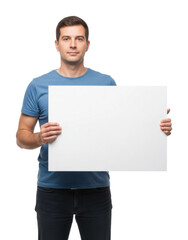 Man holding blank sign portrait neutral direct view isolated on transparent background