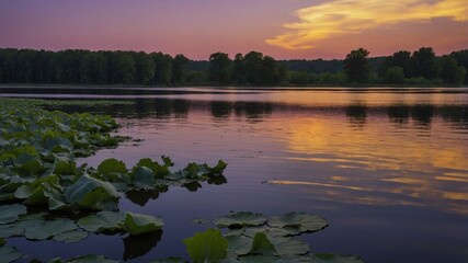 Serene sunset over a tranquil lake surrounded by lush greenery and floating lily pads, reflecting colors