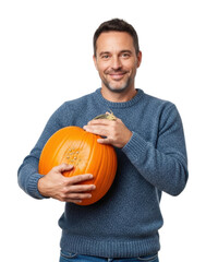 Pumpkin holding man portrait bright joyful mood isolated on transparent background