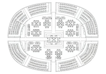 Obraz premium Top View Of An Oval Shaped Conference Hall Setting With Rows Of Chairs And Rectangular Tables Arranged For A Formal Event layout architecture icons