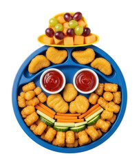 Overhead view of fun kids meal presentations for home nutrition isolated on transparent background