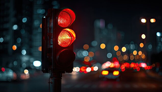 A close-up of a traffic light showing the red signal at night with blurred cityscape background