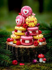 Colorful Heart Macaron Tower Stacks Pink and Yellow Cookies with Love Theme for Valentine Romantic Party
