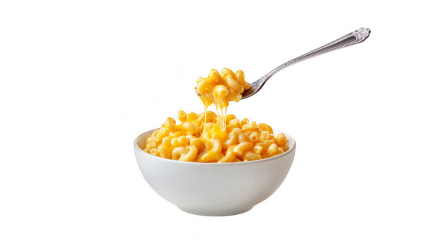 Creamy macaroni and cheese being scooped from a white bowl, showing delicious melted cheese pull