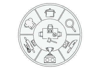 Culinary Competition Diagram Showing Cooking Tools and Trophy Symbols Arranged in a Circular Layout with Chefs Hat and Pots Centered layout
