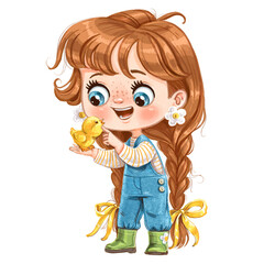 Cute cartoon farmer girl in blue jeans holding a little chicken in her arms