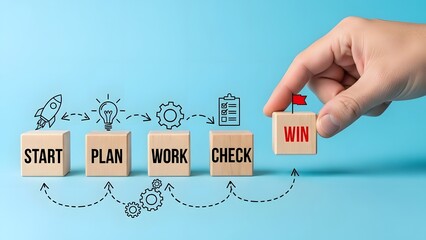 Hand building blocks with start plan work check