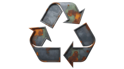A rusty recycling symbol on a black background representing sustainability