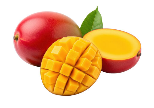 Vibrant whole red mango, half mango with glistening orange cubes, green leaves, on transparent studio background, high-key lighting, tropical healthy food concept.