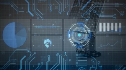 Animation of futuristic digital interface with data charts over cityscape - Powered by Adobe