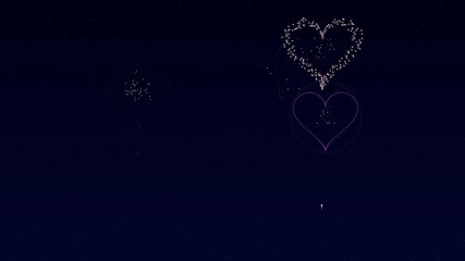 Fireworks explode in the night sky creating heart shapes and colorful patterns to celebrate Valentines Day. The display brings joy and excitement to all watching below.