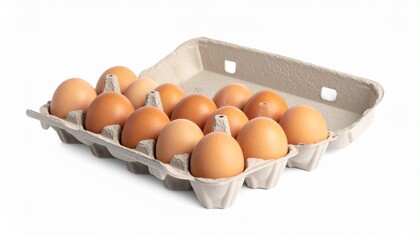 Open carton of twelve brown eggs arranged in two rows on light paper tray