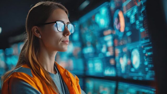 Visionary in Technology: A focused expert, clad in safety attire, peers intently at a wall of intricate screens, immersed in the digital realm of data analysis and operational command.