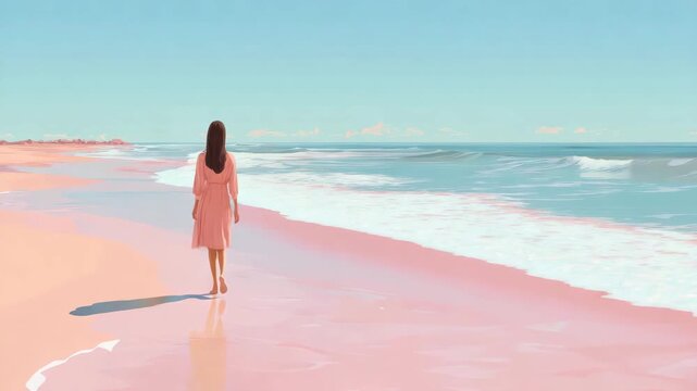 young woman walks on pink beach by salty sea illustrated animation