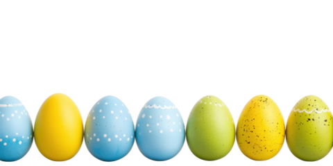 row of green, blue and yellow easter eggs bottom border isolated on white or transparent png