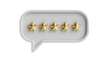 A white speech bubble with five gold stars on a black background