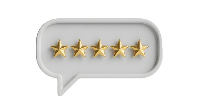 A white speech bubble with five gold stars on a black background - Powered by Adobe