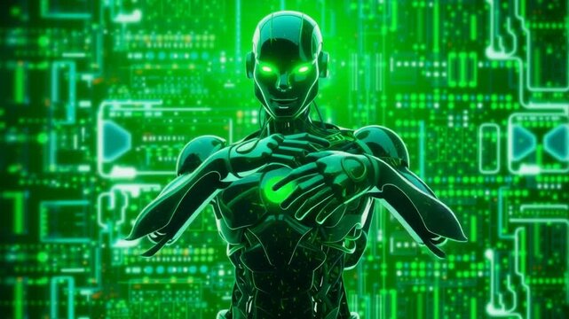 Futuristic AI robot with glowing green eyes in a digital circuit-board environment representing artificial intelligence machine learning and advanced robotics technology