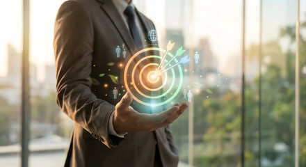Businessman Holding Holographic Target Goal with People Network
