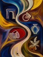 Abstract Artistic Composition with Cultural Symbols and Patterns