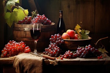 Obraz premium Rustic wooden table overflowing with freshly picked grapes countryside outdoors beverage.
