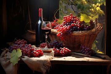 Obraz premium Rustic wooden table overflowing with freshly picked grapes countryside accessories accessory.