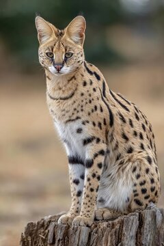 A serval, an African wild cat with a spotted coat, sits on a weathered log. Concept Serval portrait on a weathered log, African wild cat with a spotted coat, Rustic log with natural habitat backdrop