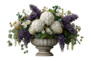White hydrangea purple delphinium and cream rose floral arrangement in classical weathered stone urn isolated on transparent background. PNG 