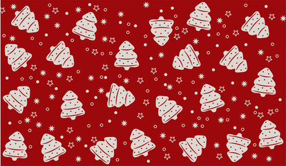 Christmas seamless pattern with stylized white fir trees and snowflakes on red background. Festive winter ornament suitable for wrapping paper, textile, holiday design, banners and seasonal decoration
