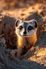 Fototapeta premium A meerkat peeking out of its sandy burrow in a desert at sunset. Concept Meerkat, Desert Burrow, Sunset Glow, Sandy Textures, Wildlife Moment