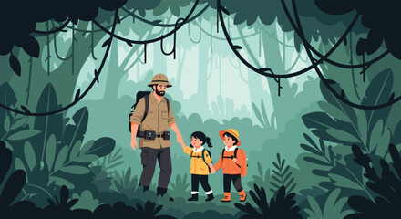 Father or guide leads two young children on an exciting adventure expedition, walking hand-in-hand through a dense jungle.