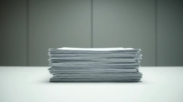 A stack of documents on a white table against a gray background, viewed from the front.