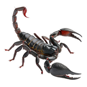Detailed black scorpion with stinger and pincers, isolated on transparent background