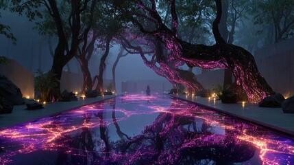 Fototapeta premium A futuristic urban park landscape at dusk, where massive tree roots intertwine with luminous fiberglass, and neon lighting seamlessly blends digital organicism with advanced technology.
