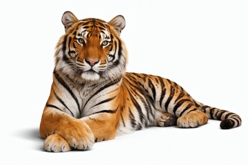 Naklejka premium Graceful Tiger Isolated on White Background Lying Calmly with Crossed Paws, High Detail Fur