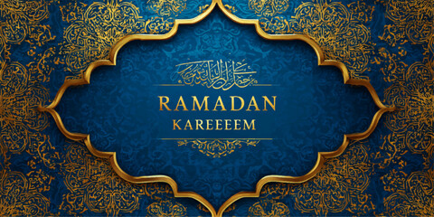 Fototapeta premium Elegant Ramadan Kareeem greeting card featuring golden Arabic calligraphy on a luxurious blue background with intricate patterns.