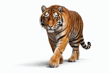 Fototapeta premium Bengal Tiger Isolated on White Background Walking Slowly, Photorealistic Wildlife with Elegant Posture