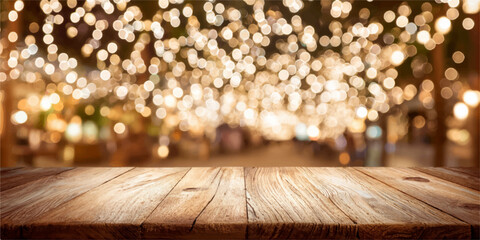 Fototapeta premium A rustic wooden table set against a beautiful bokeh lights background, perfect for product displays or festive scenes.