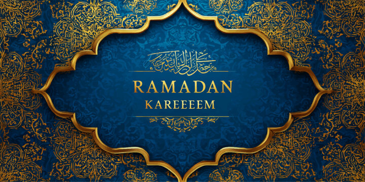 Elegant Ramadan Kareeem greeting card featuring golden Arabic calligraphy on a luxurious blue background with intricate patterns.