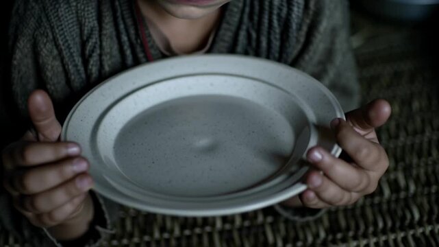 A child sits in a dark space with an empty plate in front of him. His eyes convey deep emotion as he looks down. The room is simple, reflecting tough living conditions